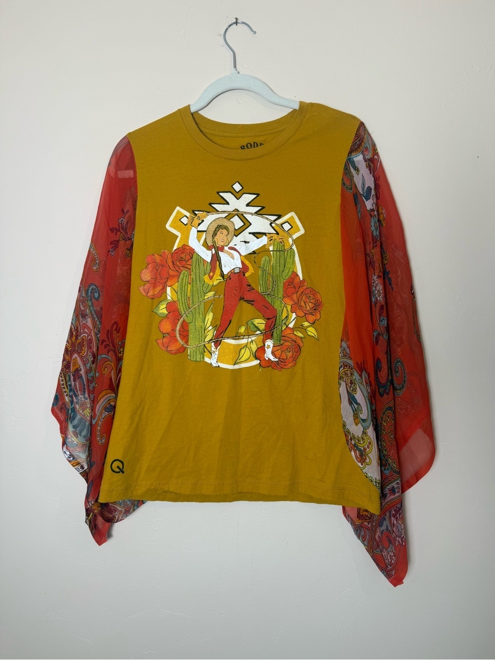 Rodeo Quincy Mustard Yellow Graphic Top with Red Sheer Paisley Sleeves
